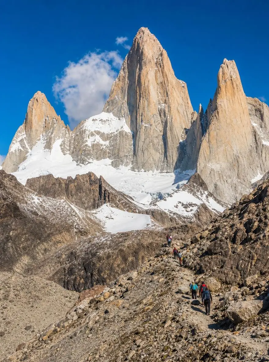 Hikers on the steep zig-zag moraine path below the granite spires of Mount Fitz Roy on a sunny day
