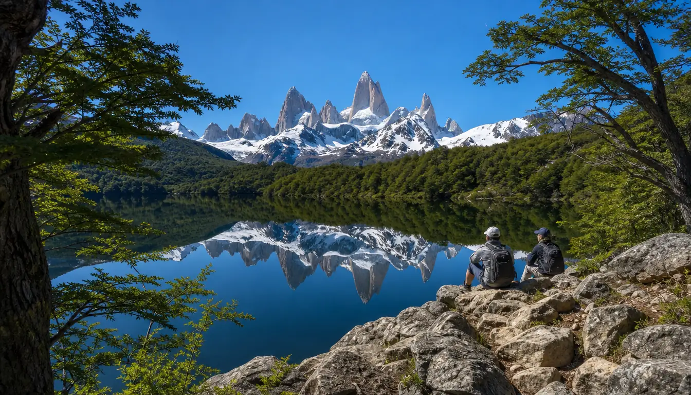 Laguna Capri framed by beech trees with the granite spires of Fitz Roy reflected in the calm water