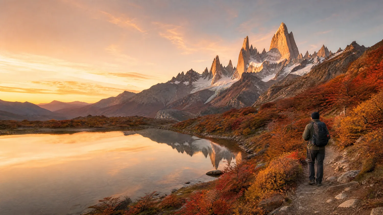 Hikers below the granite spires of Mount Fitz Roy