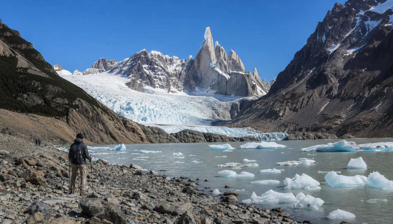 Laguna Torre with small icebergs, a glacier and the needle of Cerro Torre behind, hikers on the moraine